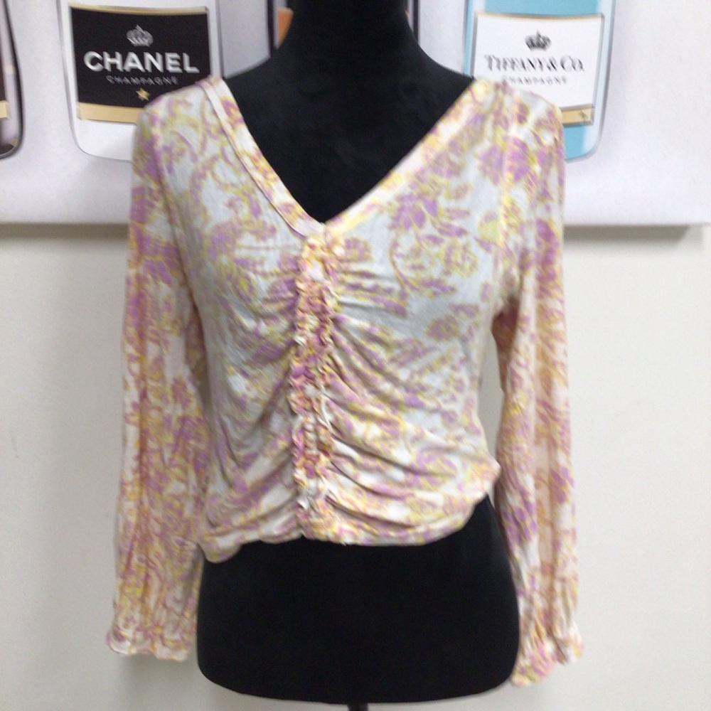 Free People Floral Ruched V-Neck Long Sleeve Top in Cream, Pink, Yellow
